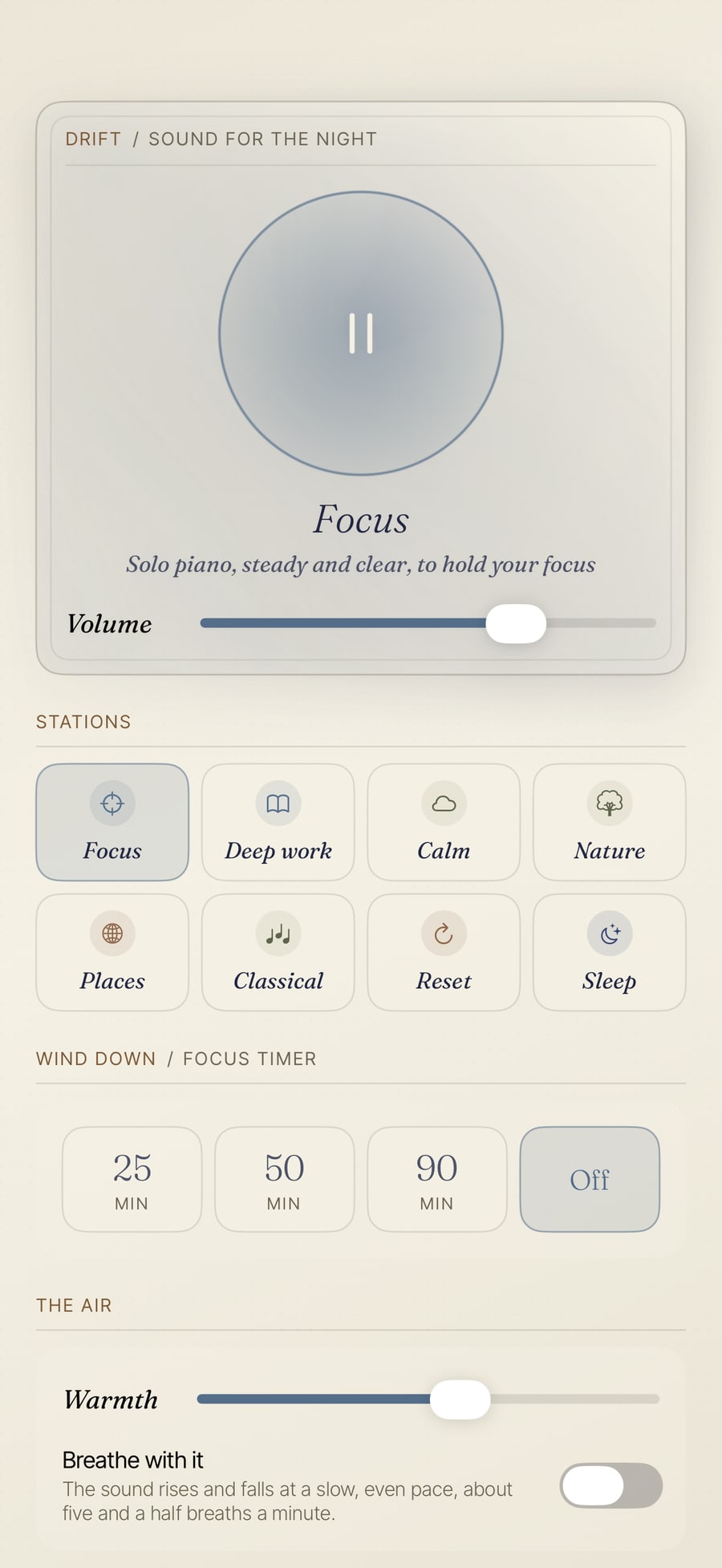 Tonari's Drift screen, calm soundscapes to rest in, with stations like Calm, Nature, and Deep work