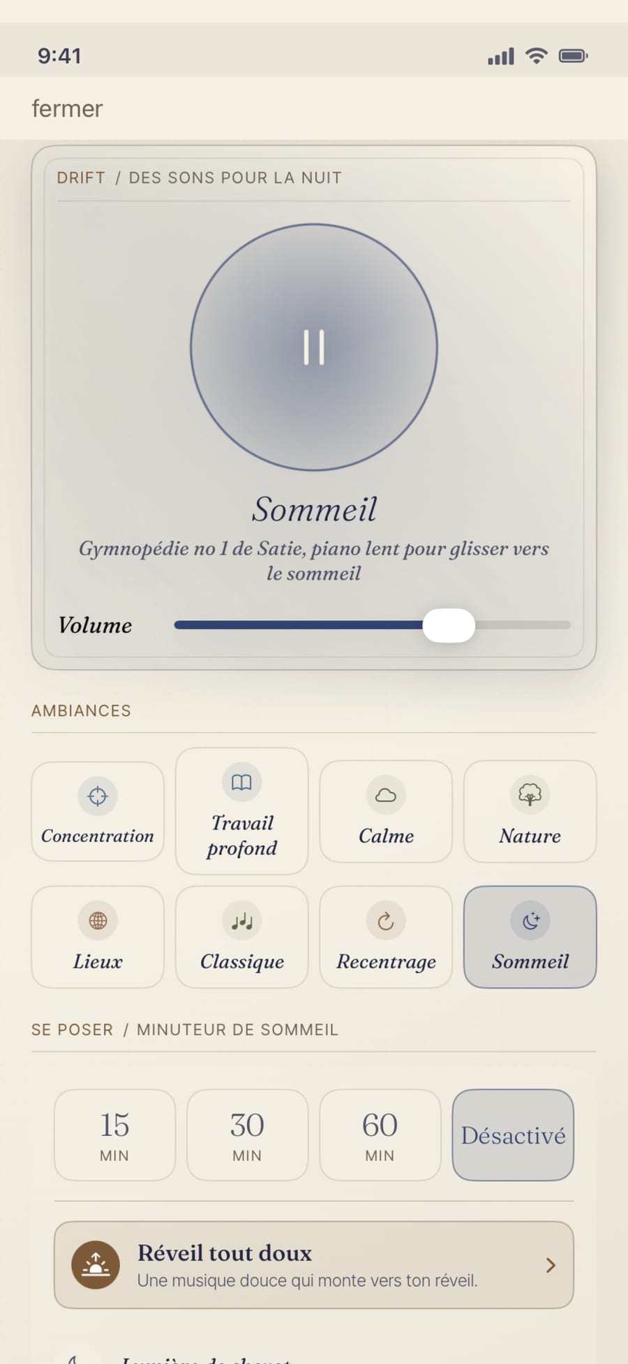 L'écran Drift de Tonari, des ambiances sonores calmes où se reposer, avec des stations comme Calm, Nature et Deep work