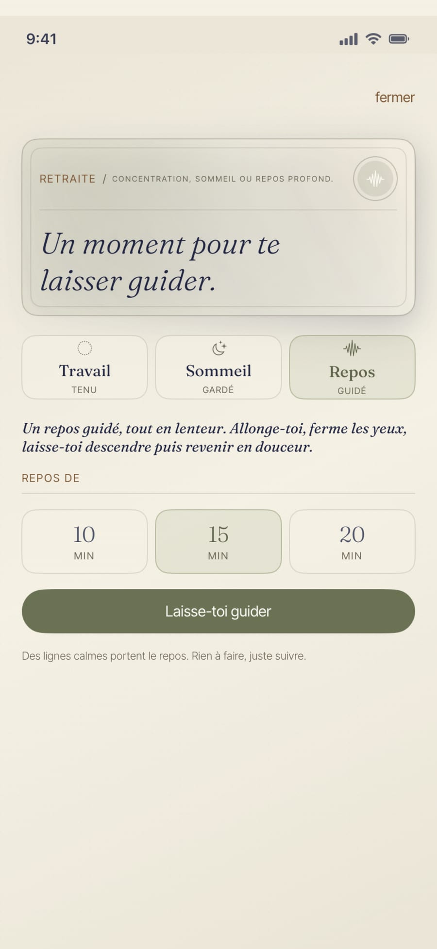 Le mode Repos du Refuge : une descente vers le repos profond guidé, que vous choisissez volontairement, sur le même écran, tout en calme.