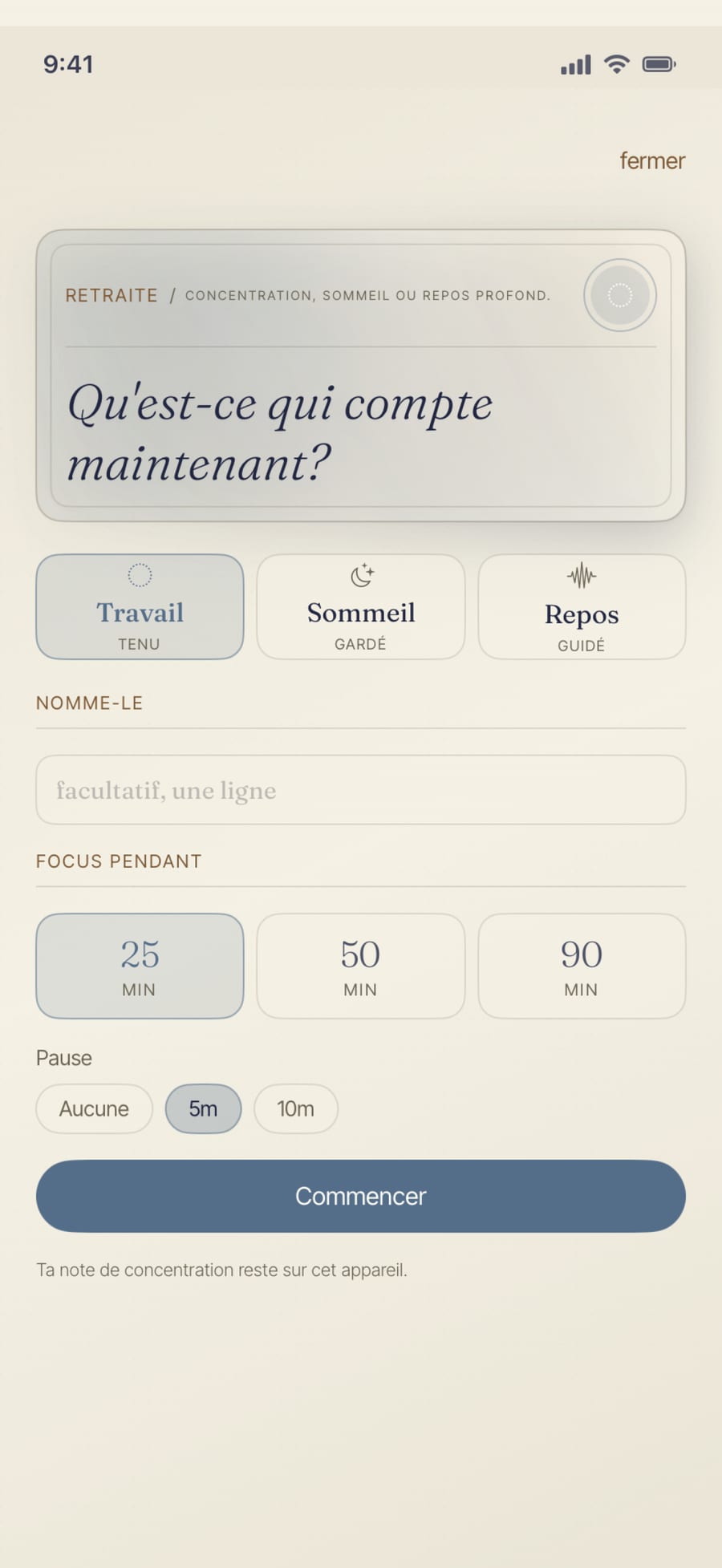 Le mode Travail du Refuge : un temps protégé de 25, 50 ou 90 minutes, une intention en une ligne, et une pause si vous le souhaitez.