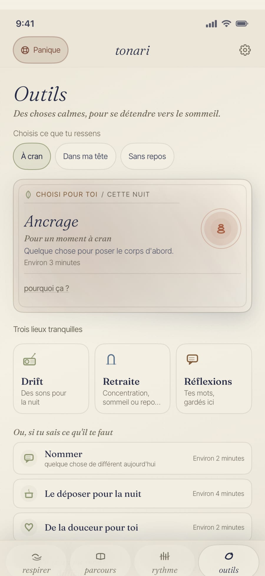 L'écran de la boîte à outils Tonari, une liste calme de petits outils cognitifs