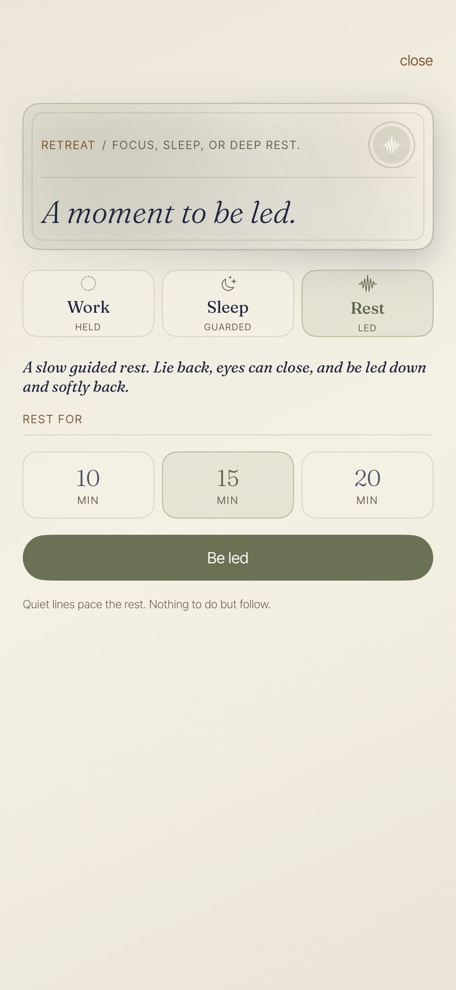 Retreat's Rest mode: a guided deep-rest descent you choose on purpose, with the same quiet screen