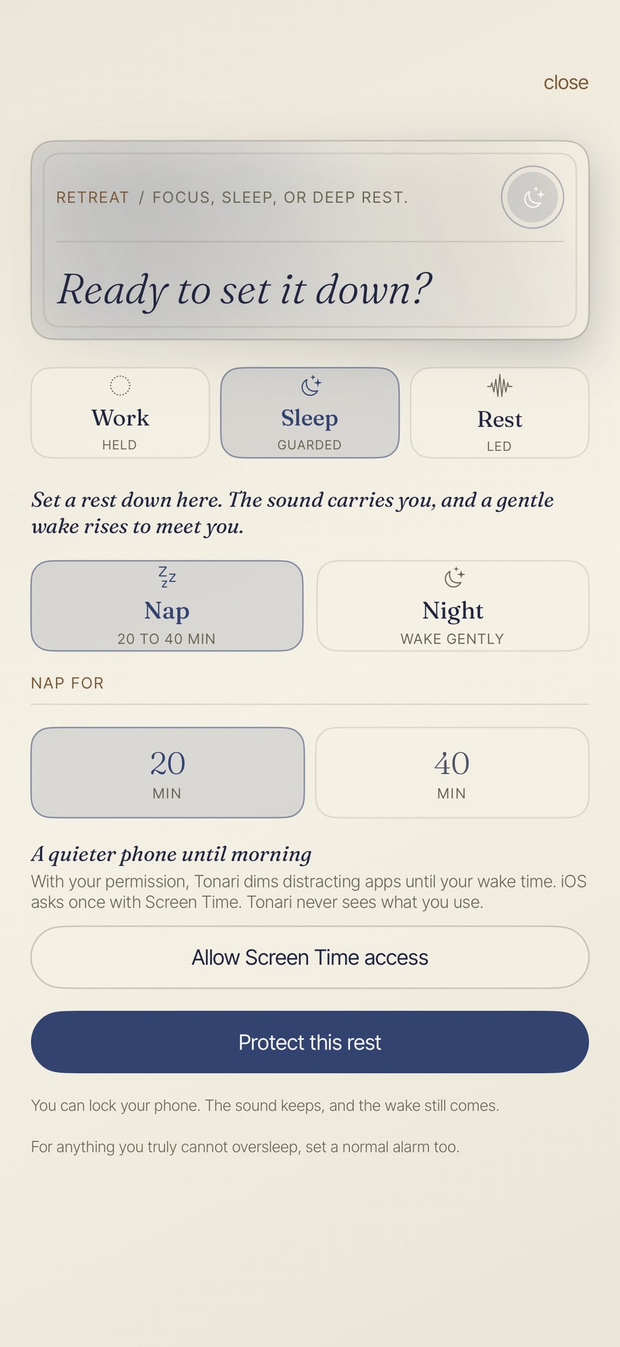 Retreat's Sleep mode: a guarded nap or night with a gentle wake, and Protect this rest as the one button