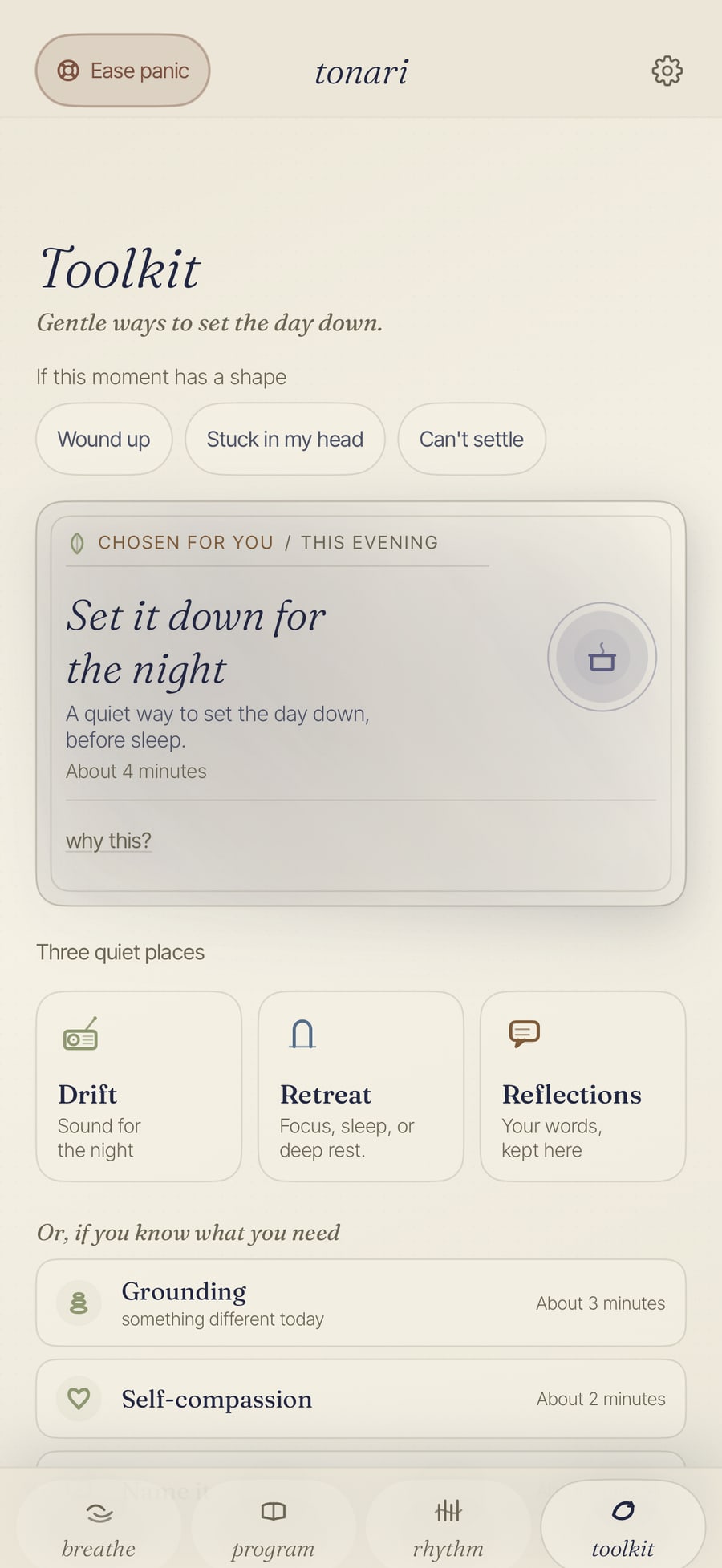 The Tonari Toolkit screen, a calm list of small cognitive tools